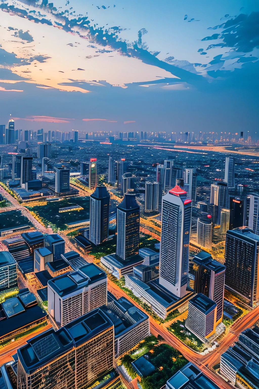 magnificent scenery, Bangkok city, sharp and crisp background, very beautiful landscape,buildings, fantasy, birdview, best quality, masterpiece, ultra high res, dark blue light, cloudy, photo, photorealistic, wide view, kkw-ph1