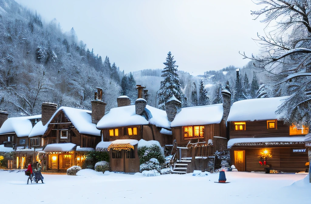 Wonderland Village,Village view,Lots of snow on the ground, magical village, well-lit building, Snowy winter,blanketed in a mantle of snow, quaint village, winter setting, Suffocating, very magical and dreamy, ,It will snow in winter,natural, Cold but beautiful,