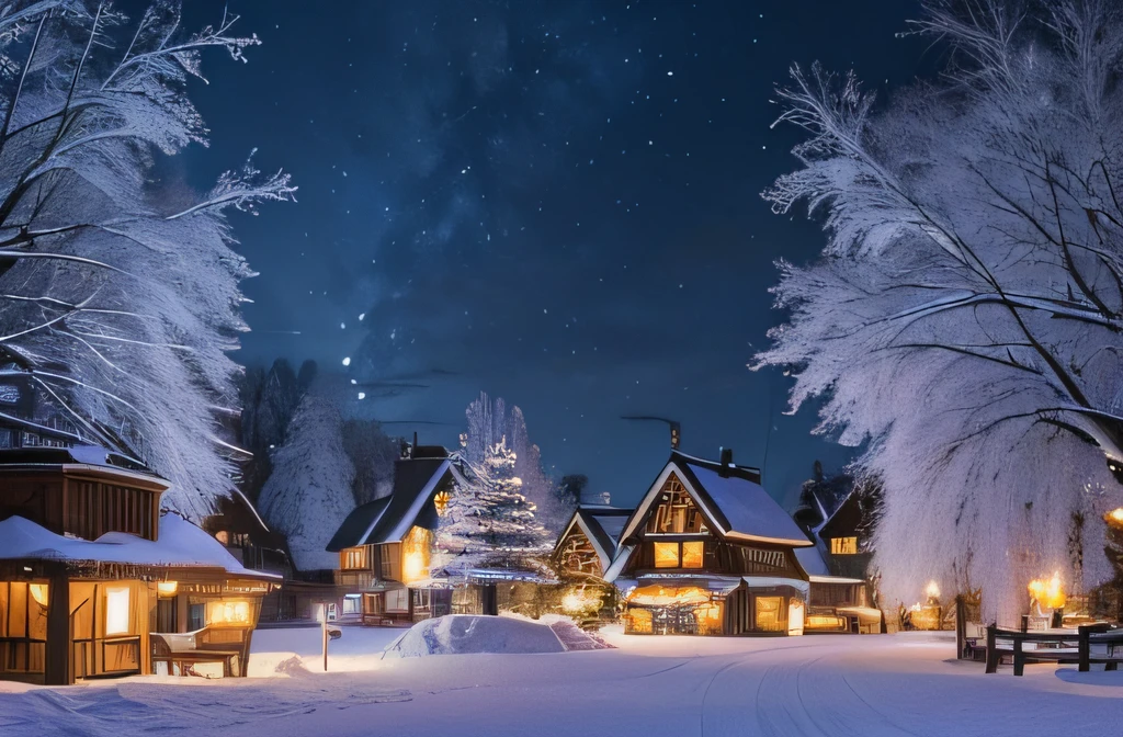 Wonderland Village，Village view，Lots of snow on the ground, magical village, well-lit building, Snowy winter,blanketed in a mantle of snow, quaint village, winter setting, Suffocating, very magical and dreamy, ,It will snow in winter,natural, Cold but beautiful,