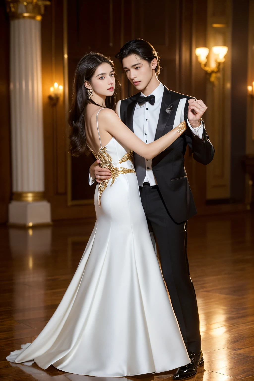 (best quality:1.1) ,(photography:1.1), ( highly details:1.1), (high resolution), (Beautiful faces in every datial), (Realistic human skin), (one guys), (1beautiful female, 19-year-old white skin long black brown hair, wear white evening dress), 
Ballroom dancing with (1handsome male, 19-year-old white skin male, golden hair, wear  black tuxedo).