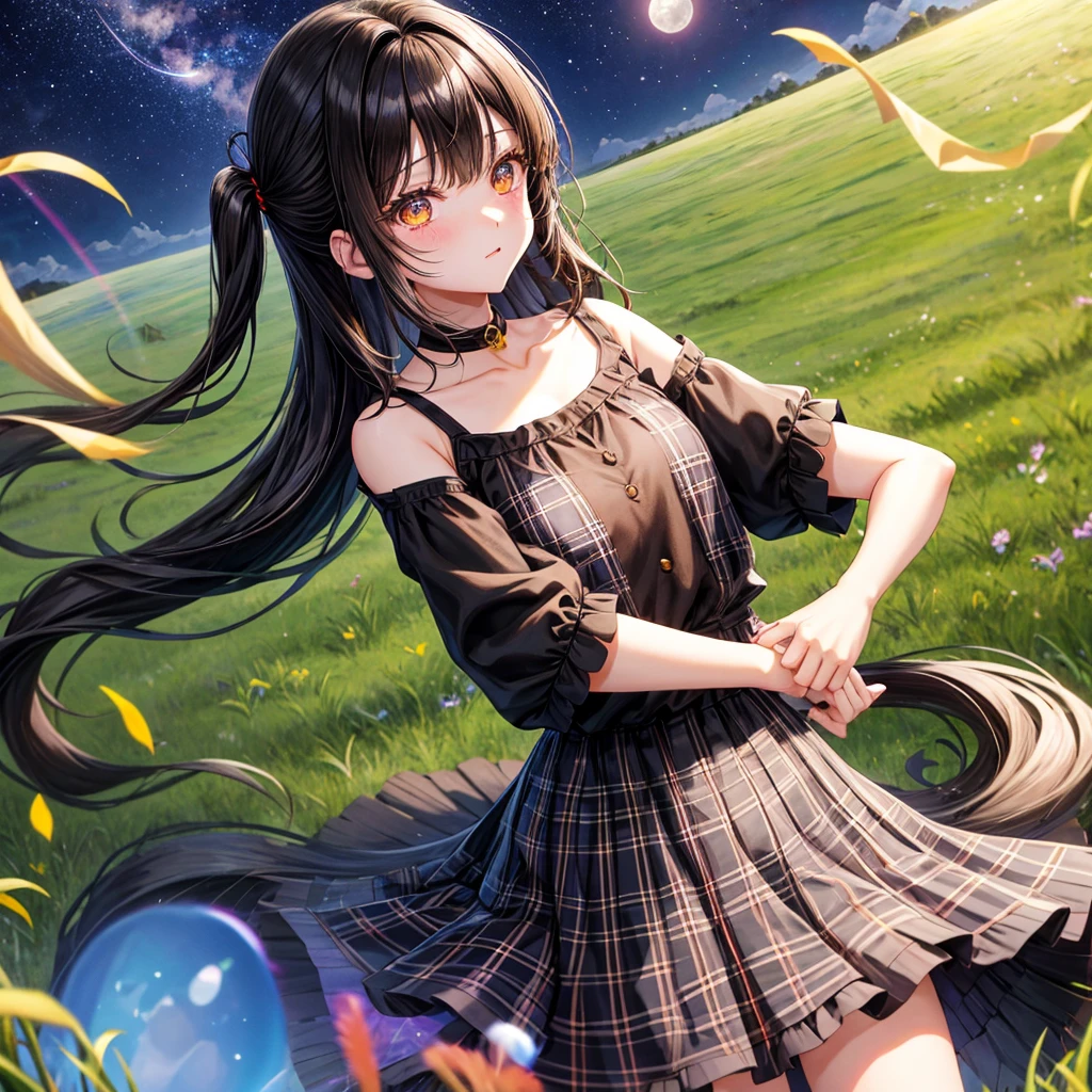 Black brown hair、poneyTail、verd s eyes、one good looking girl、独奏、animesque、lightly dressed、Plaid miniskirt、a black T-shirt、grass field、fullmoon、Meteor swarm、Glittering starry sky、rainbow butterfly flying