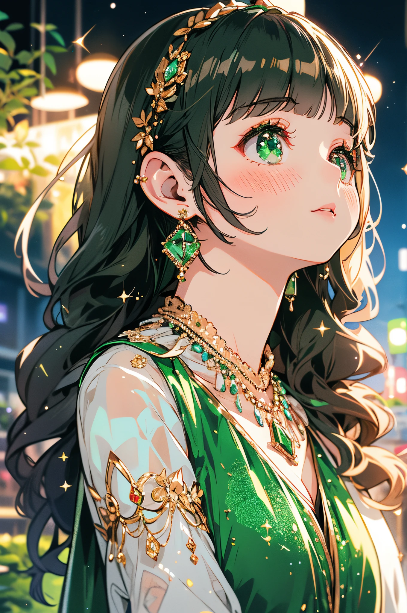 Emerald green theme throughout,Beautiful girl wearing sparkling emerald accessories,Luxurious necklace,earrings with large jewels,There are many sparkling gems in the palm of your hand,I look up at the night sky with a straight face and think,Peaceful world,Delicate Makeup,Colorcon,short bangs,Glitter