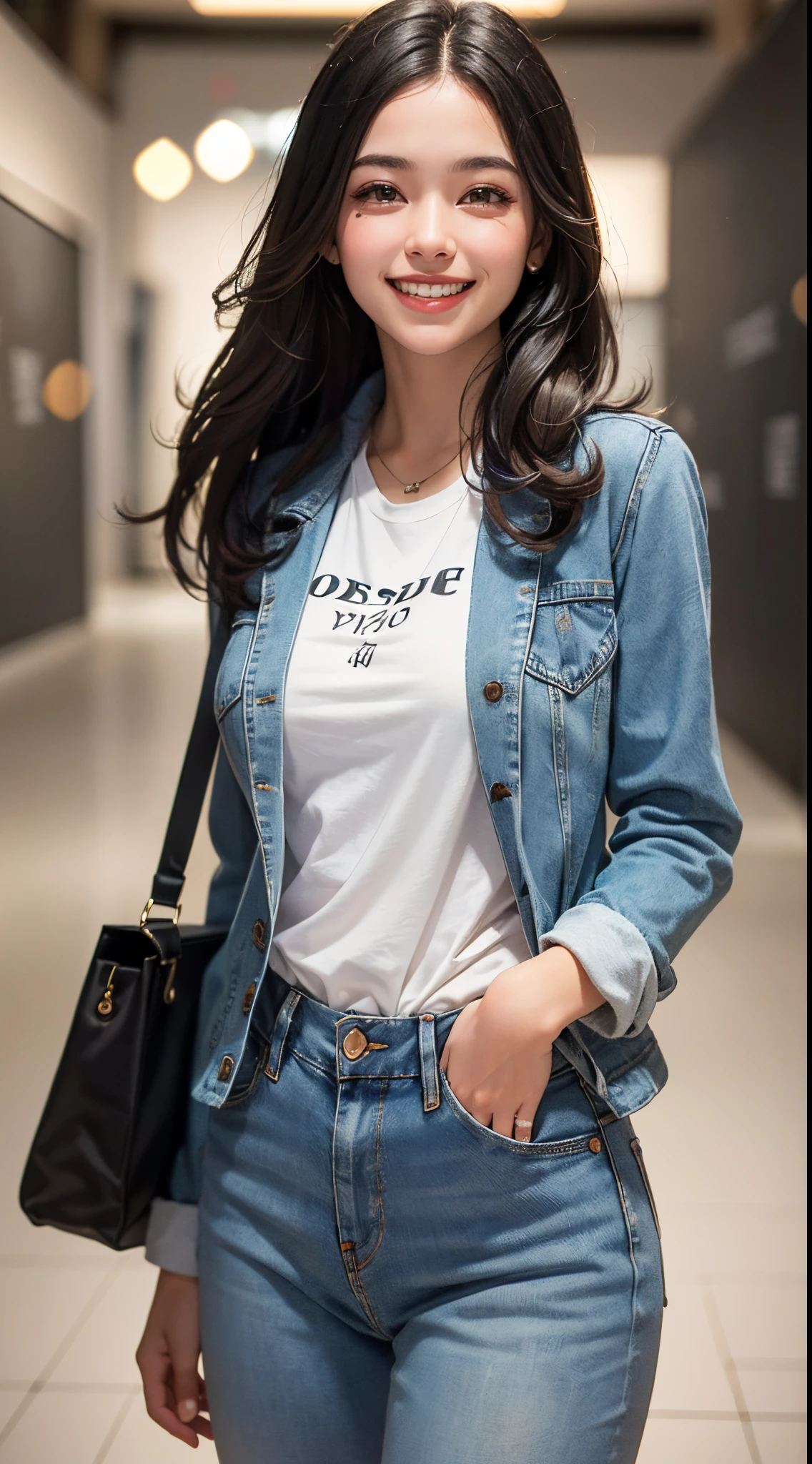 (UHD, retina, masterpiece, ccurate, anatomically correct, textured skin, super detail, high details, high quality, best quality, highres, 1080P, HD, 4K, 8k, 16k), (beautiful detailed eyes, beautiful detailed lips, extremely detailed eyes and face), studio lighting, physically-based rendering, vivid colors, (large breasts, glamorous body), (casual blazer, denim, and T-shirt), (portrait, shiny hair, shiny skin, blush), (part of the museum, bokeh:1.5), eye reflection, jet black hair, (smile and laugh:1.5),