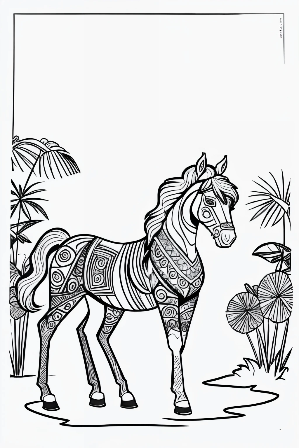 Coloring page for kids, horse in a jungle, cartoon style, mandala in horse body, thick lines, low detail, no shading