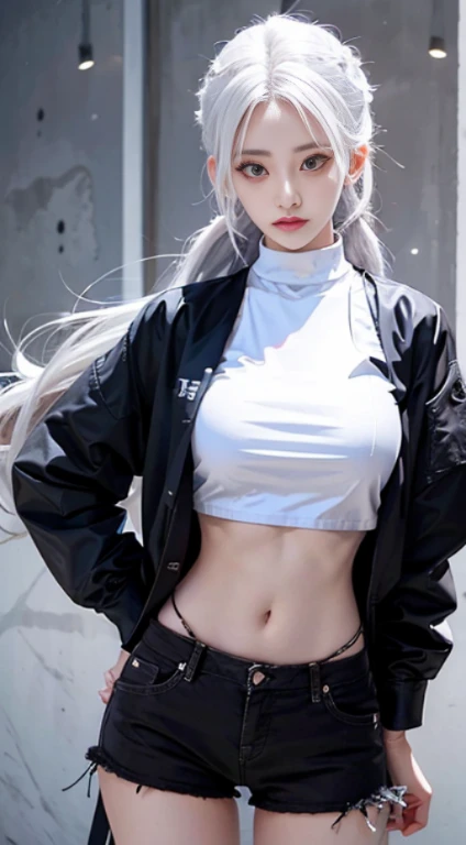 dynamic pose, 1girl, long white hair, delicate face, intricate details, black hoodie, gray undies, small waist, ((wide thigh gap, wide legs):1.3), white background, masterpiece