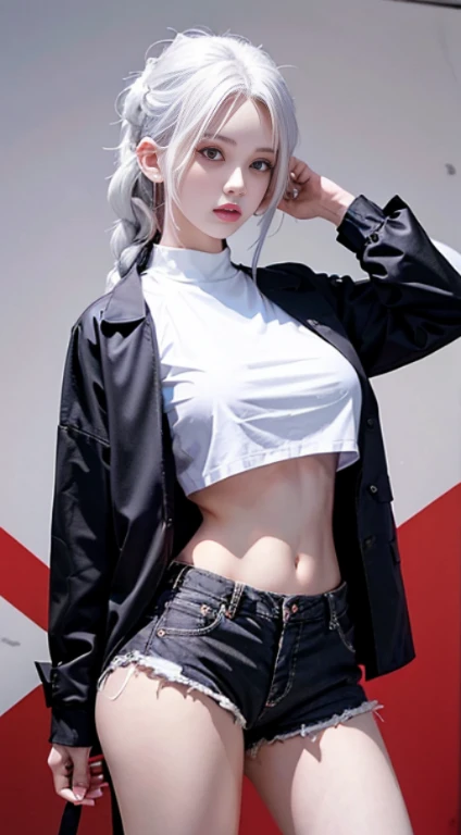 1girl, white hair, red eyes, navel, looking at viewer, hand on hip, black jacket, dolphin shorts, groin, (white shirt:1.2), braid, very long hair, wide hips,
underboob, shirt,
big\(BodyProportions\),