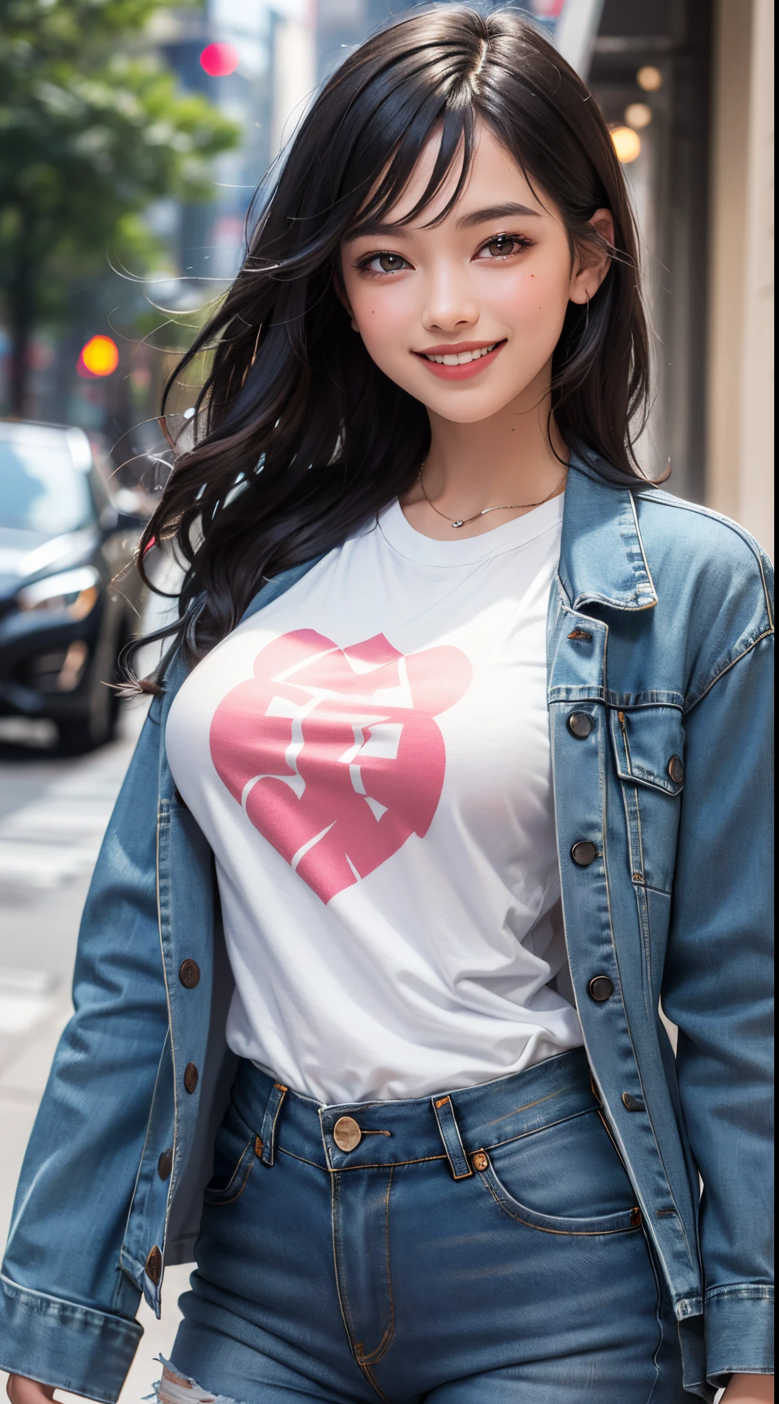 (UHD, retina, masterpiece, ccurate, anatomically correct, textured skin, super detail, high details, high quality, best quality, highres, 1080P, HD, 4K, 8k, 16k), (beautiful detailed eyes, beautiful detailed lips, extremely detailed eyes and face), studio lighting, physically-based rendering, vivid colors, (large breasts, glamorous body), (casual blazer, denim, and T-shirt), (portrait, shiny hair, shiny skin, blush), (park, bokeh), eye reflection, jet black hair, (smile and laugh:1.5),