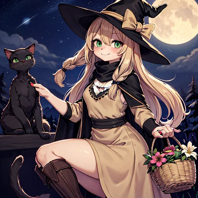 Farbe々A witch around 25 years old who carries a large basket containing various kinds of medicinal herbs..、 Beige dress、black cloak、Dark brown long boots、Green eyes、flaxen long braided hair、 A smile、(large sapphire brooch)、(black cat with a beige scarf around its neck:1.2).、Moon Night、starrysky、shooting stars、Meadow at night、Suzuran flower