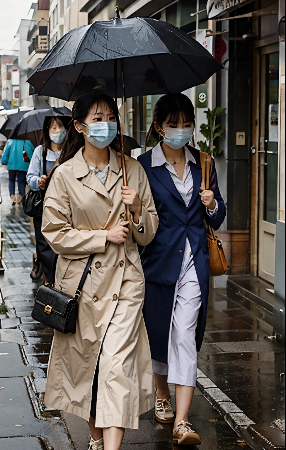 they carry umbrellas、Walking on the street wearing a mask