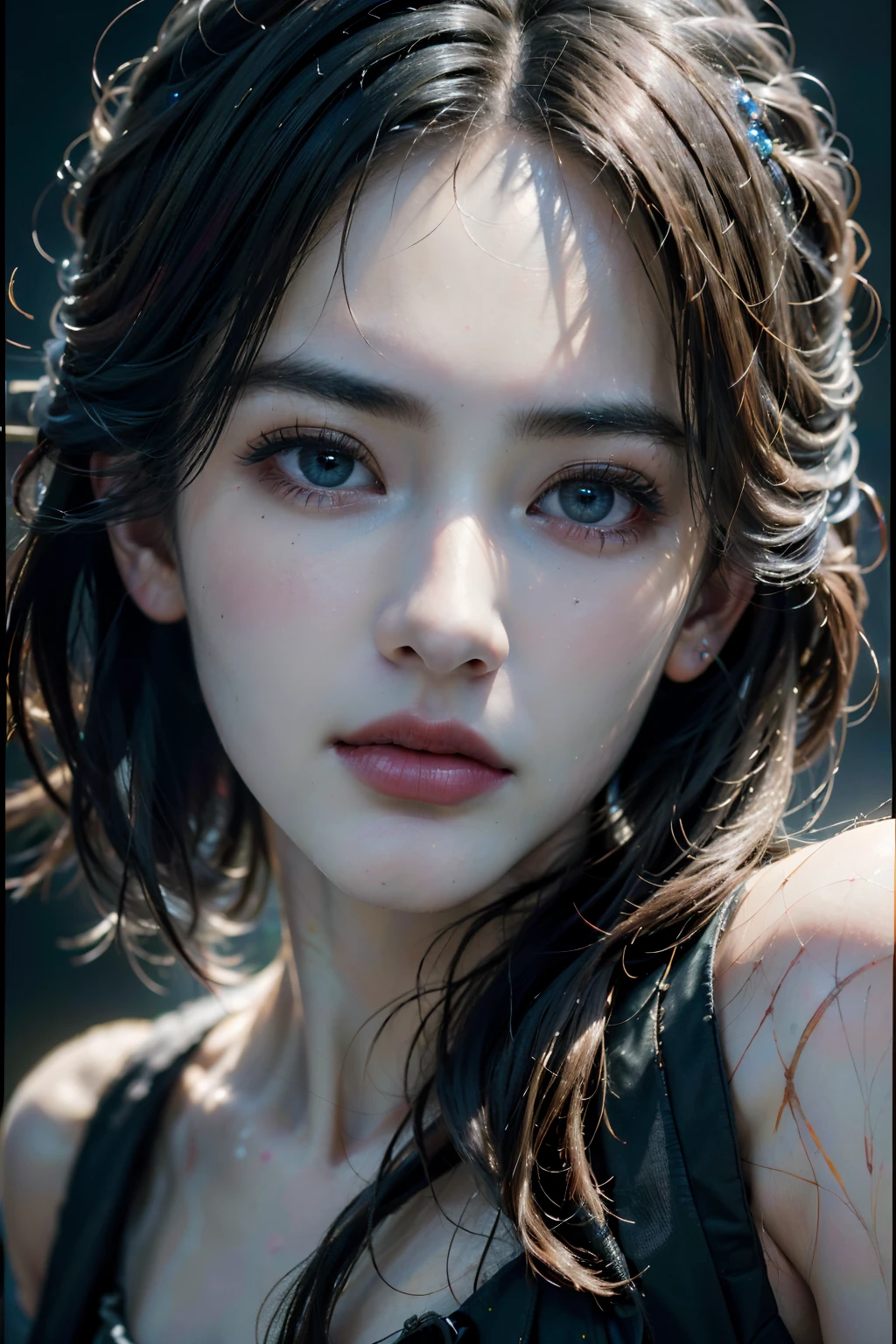(a beautiful girl,schlank,Abs,naked torso,Bikini,Unglaublich detailliert),portrait,Illustration,dunkler Hintergrund,Dramatische Beleuchtung,Kontrastfarben