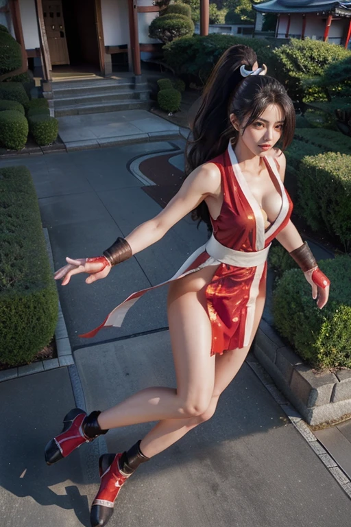 (mai shiranui:1.6), (tabi:2.0), (toe:1.2), (Full body portrait:2.0), Full body, (Realism), (masutepiece:2.0), (Best Quality), (ultra-detailliert), (8K, 4K, Convoluted), (Flat Lighting:1.2), (skinny), Prestige, Brown eyes, Long hair, brown eyes, long hair, brown hair, white ribbon, sleeveless, ponytail, sash, pelvic curtain, arm guards, gloves, tabi, fascinated expression, Sexy eyes, slim, medium breasts, Smile, Cute, view the viewer, Long hair, Close to Japan temple, (breasts focus:1.2), (Realistic:1.2), (Full Shot: 1.2), (85 mm), light Particle, Lighting, (Highly detailed:1.2), (Detailed face:1.2), (gradients), SFV, Colorful, (Detailed eyes:1.2), (Detailed temples of Japan: 1.2),(Detailed background), (Dynamic Angle:1.2), (Dynamic Pose:1.2), (Line of action:1.2), Wide Shot, Daylight, Solo.