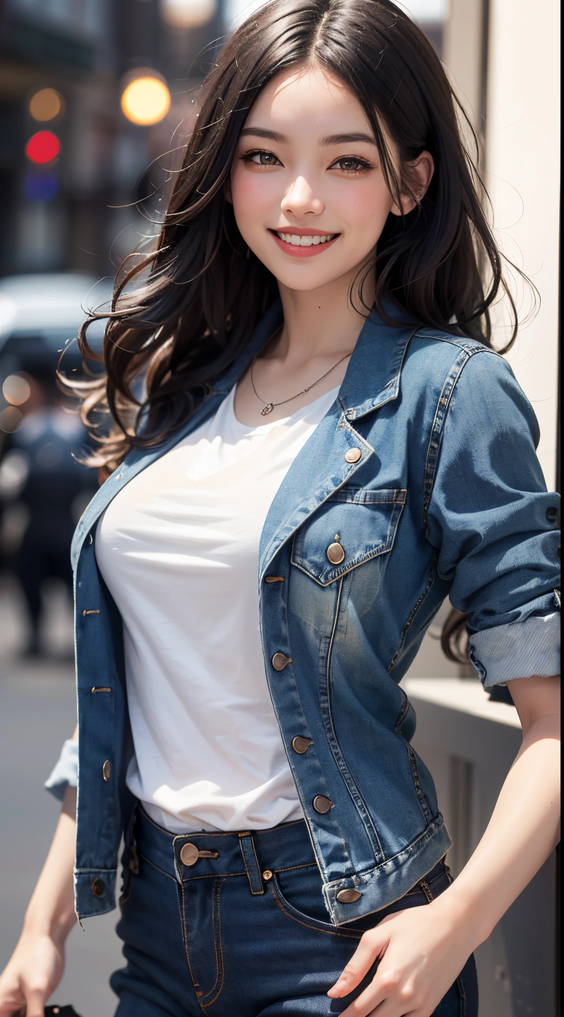(UHD, retina, masterpiece, ccurate, anatomically correct, textured skin, super detail, high details, high quality, best quality, highres, 1080P, HD, 4K, 8k, 16k), (beautiful detailed eyes, beautiful detailed lips, extremely detailed eyes and face), studio lighting, physically-based rendering, vivid colors, (large breasts, glamorous body), (casual blazer, denim, and T-shirt), (portrait, shiny hair, shiny skin, blush), (part of the museum, bokeh), eye reflection, jet black hair, (smile and laugh:1.5),