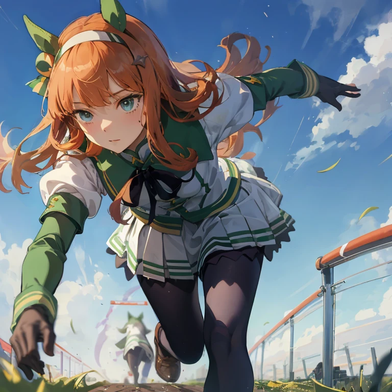 ​masterpiece、top-quality、a closeup、from below,foot focus Silence Suzuka\(Umusume\)、Black gloves、White skirt、pleatedskirt、black pantyhose、Layered sleeves、puffy short sleeves、Short sleeve over long sleeve、Black ribbon、running、Flowing grass、High-speed movement