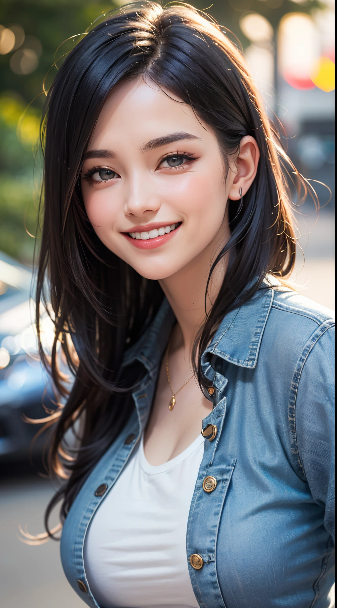 (UHD, retina, masterpiece, ccurate, anatomically correct, textured skin, super detail, high details, high quality, best quality, highres, 1080P, HD, 4K, 8k, 16k), (beautiful detailed eyes, beautiful detailed lips, extremely detailed eyes and face), studio lighting, physically-based rendering, vivid colors, (large breasts, glamorous body), (casual blazer, denim, and T-shirt), (portrait, shiny hair, shiny skin, blush), (swing, bokeh), eye reflection, jet black hair, (smile and laugh:1.5),