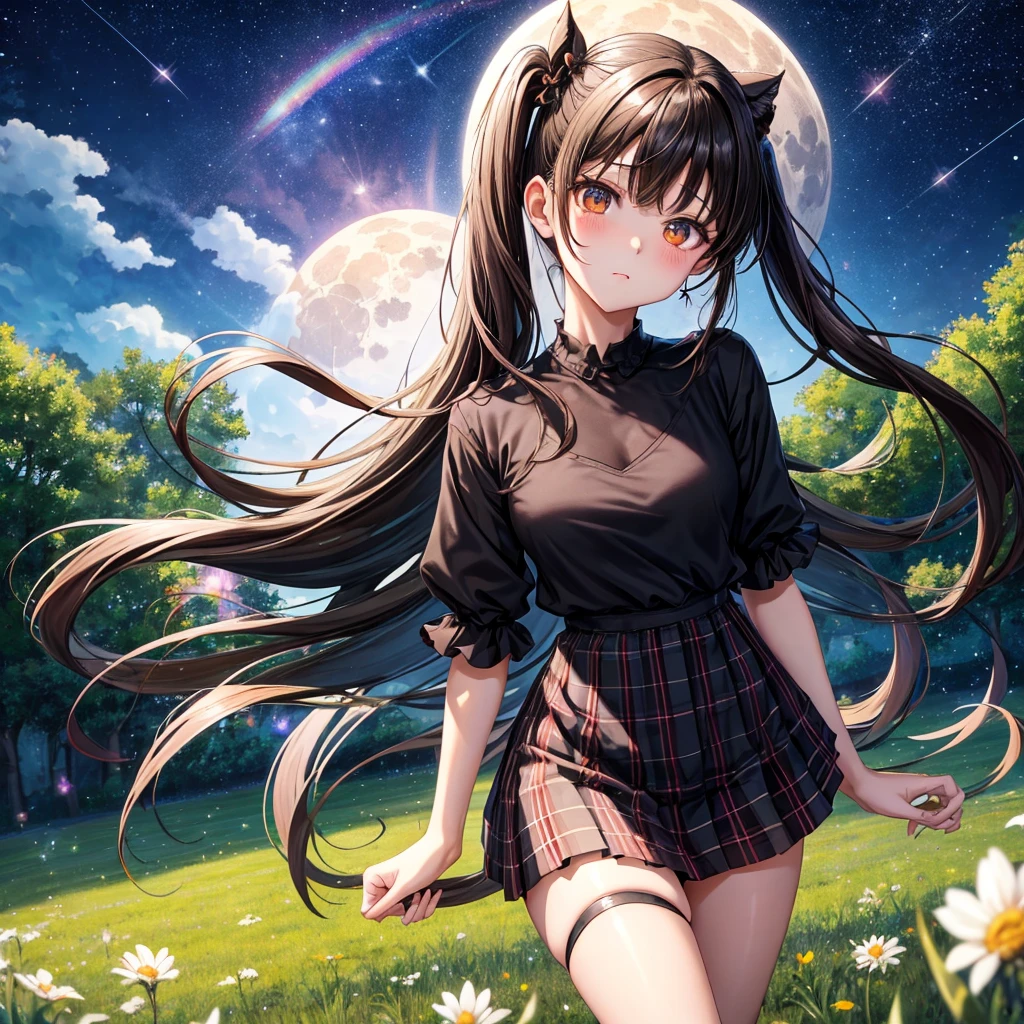 Black brown hair、poneyTail、verd s eyes、one good looking girl、独奏、animesque、lightly dressed、Plaid miniskirt、a black T-shirt、grass field、fullmoon、Meteor swarm、Glittering starry sky、rainbow butterfly flying