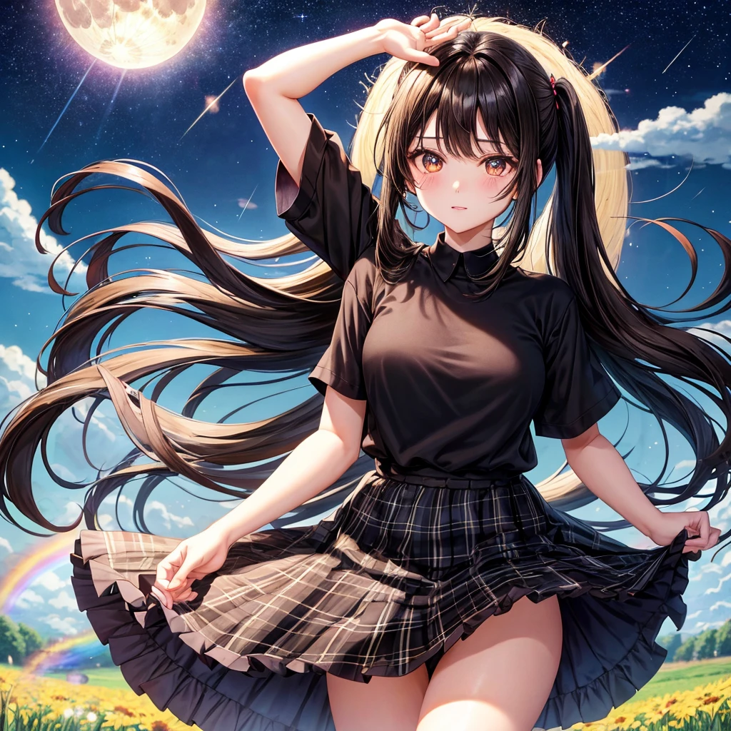 Black brown hair、poneyTail、verd s eyes、one good looking girl、独奏、animesque、lightly dressed、Plaid miniskirt、a black T-shirt、grass field、fullmoon、Meteor swarm、Glittering starry sky、rainbow butterfly flying