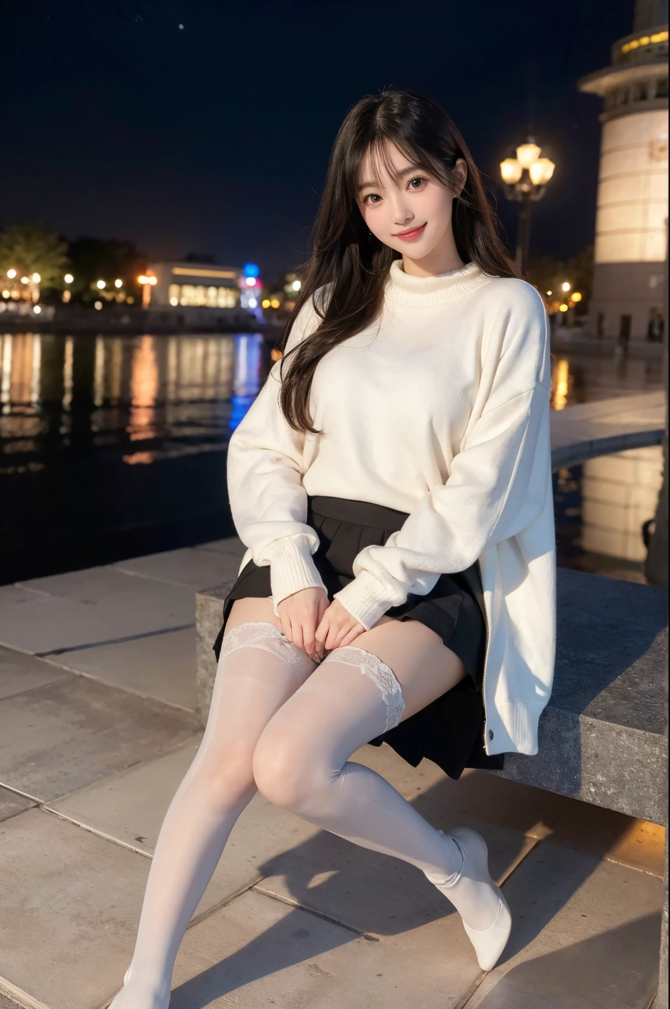 ulzzang -6500-v1.1, (Raw photo:1.2), (Photorealsitic), a beautiful detailed girl, (Real: 1.4), extremely detailed eye and face, beatiful detailed eyes, ((Illumination plaza at night:1.3)), (( Midwinter sweaters and skirts:1.3, Ultra-realistic pantyhose:1.2))、selfee、Instagram、game_nffsw, huge filesize, hight resolution, ighly detailed, top-quality, [​masterpiece:1.6], illustratio, ighly detailed, nffsw, finely detail, top-quality, 8k wallpaper, Cinematographic lighting, 1girl in, 17 age, perfect body type, cute droopy eyes beautiful big eyes、Pieckfinger, ((masutepiece)), Best Quality, 1girl in, eye shadow,  Portrait, ((FULL BODYSHOT:1.4))、(Very affectionate smile:1.2)、realistic skin textures、shinny skin、Exposed thighs!!!