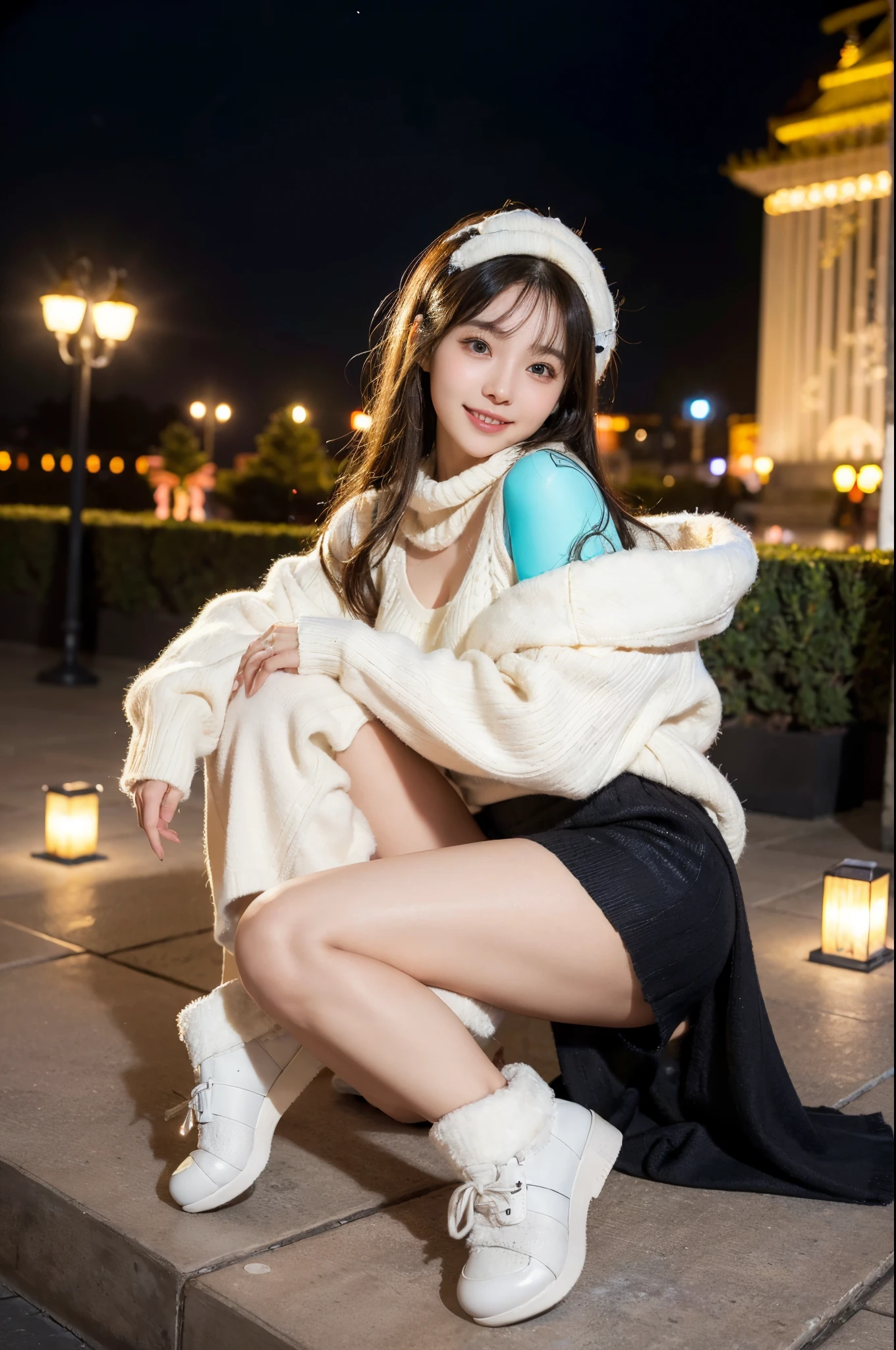 ulzzang -6500-v1.1, (Raw photo:1.2), (Photorealsitic), a beautiful detailed girl, (Real: 1.4), extremely detailed eye and face, beatiful detailed eyes, ((Illumination plaza at night:1.3)), (( Midwinter sweaters and skirts:1.3, Ultra-realistic pantyhose:1.2))、selfee、Instagram、game_nffsw, huge filesize, hight resolution, ighly detailed, top-quality, [​masterpiece:1.6], illustratio, ighly detailed, nffsw, finely detail, top-quality, 8k wallpaper, Cinematographic lighting, 1girl in, , perfect body type, cute droopy eyes beautiful big eyes、Pieckfinger, ((masutepiece)), Best Quality, 1girl in, eye shadow,  Portrait, ((FULL BODYSHOT:1.4))、(Very affectionate smile:1.2)、realistic skin textures、shinny skin、Exposed thighs!!!