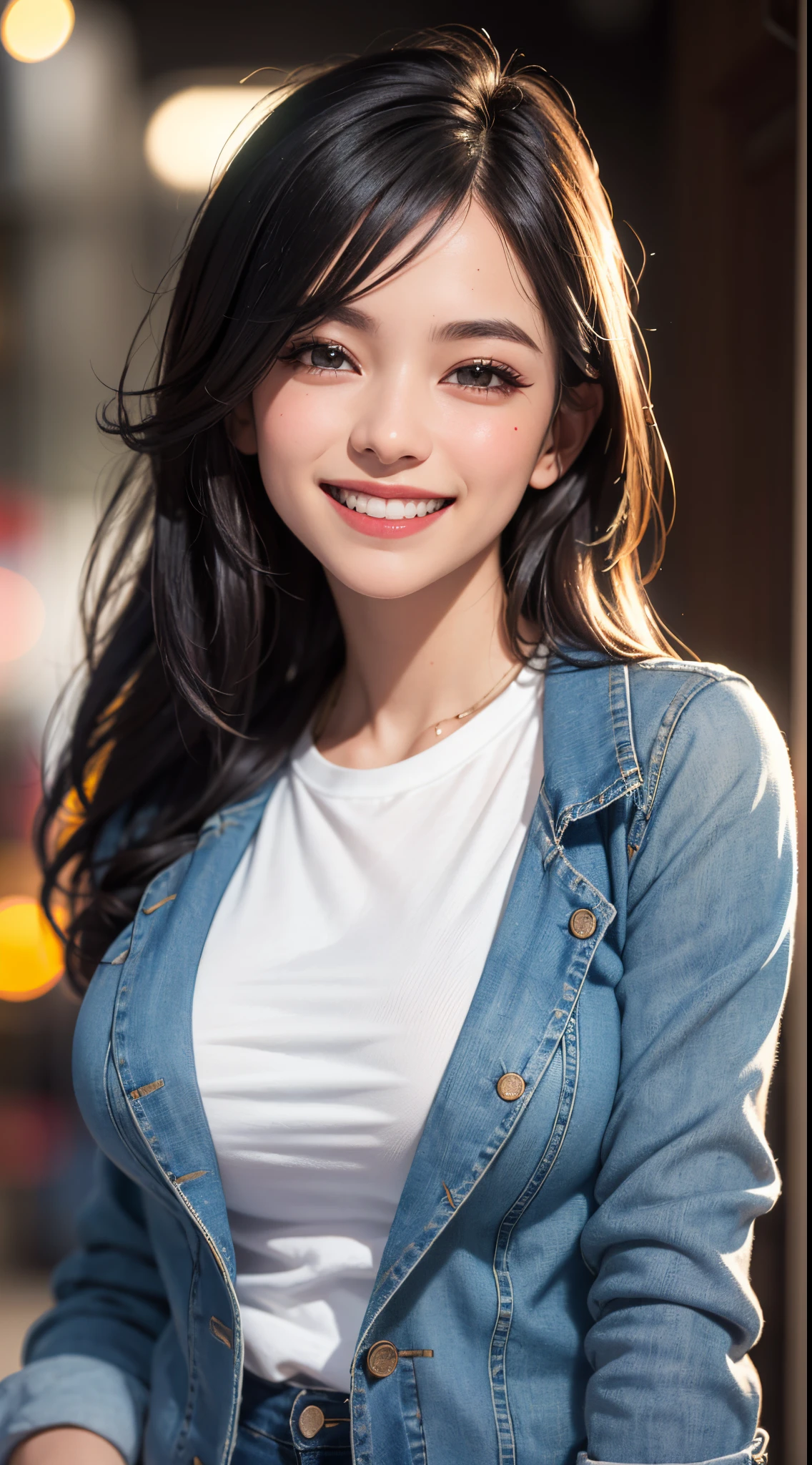 (UHD, retina, masterpiece, ccurate, anatomically correct, textured skin, super detail, high details, high quality, best quality, highres, 1080P, HD, 4K, 8k, 16k), (beautiful detailed eyes, beautiful detailed lips, extremely detailed eyes and face), studio lighting, physically-based rendering, vivid colors, (large breasts, glamorous body), (casual blazer, denim, and T-shirt), (portrait, shiny hair, shiny skin, blush), (swing, bokeh), eye reflection, jet black hair, (smile and laugh:1.5),
