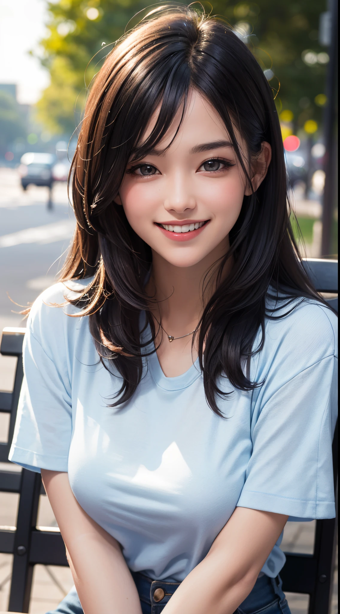 (UHD, retina, masterpiece, ccurate, anatomically correct, textured skin, super detail, high details, high quality, best quality, highres, 1080P, HD, 4K, 8k, 16k), (beautiful detailed eyes, beautiful detailed lips, extremely detailed eyes and face), studio lighting, physically-based rendering, vivid colors, (large breasts, glamorous body), (casual blazer, denim, and T-shirt), (portrait, shiny hair, shiny skin, blush), (park with benches, bokeh), eye reflection, jet black hair, (smile and laugh:1.5),