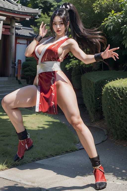 (mai shiranui:1.7), (tabi:2.0), (toe:1.2), (Full body portrait:2.0), Full body, (Realism), (masutepiece:2.0), (Best Quality), (ultra-detailliert), (8K, 4K, Convoluted), (Flat Lighting:1.2), (skinny), Prestige, Brown eyes, Long hair, brown eyes, long hair, brown hair, white ribbon, sleeveless, ponytail, sash, pelvic curtain, arm guards, gloves, tabi, fascinated expression, Sexy eyes, slim, medium breasts, Smile, Cute, view the viewer, Long hair, Close to Japan temple, (breasts focus:1.2), (Realistic:1.2), (Full Shot: 1.2), (85 mm), light Particle, Lighting, (Highly detailed:1.2), (Detailed face:1.2), (gradients), SFV, Colorful, (Detailed eyes:1.2), (Detailed temples of Japan: 1.2),(Detailed background), (Dynamic Angle:1.2), (Dynamic Pose:1.2), (Line of action:1.2), Wide Shot, Daylight, Solo.