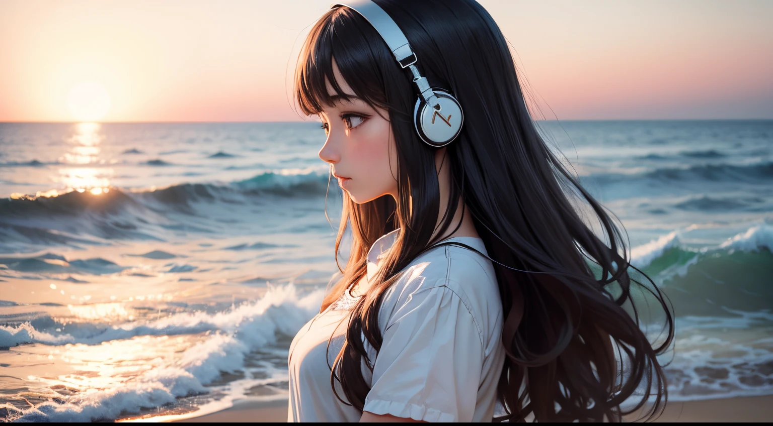 Anime girl listens to music soft waves against a backdrop of calming ocean colors.