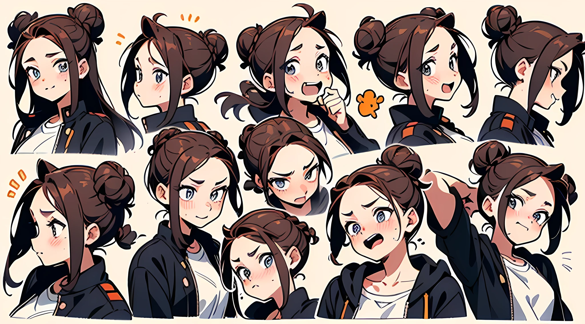 21 year old, redhead girl, armpit lenght hair (((happy face, flirty face, excited face, aroused face, scared face, confused face))) jeans and tight top, ((bun hairstyle)) (((detailed character sheet, frontal view, side view, three quarter view))) (((white background)))