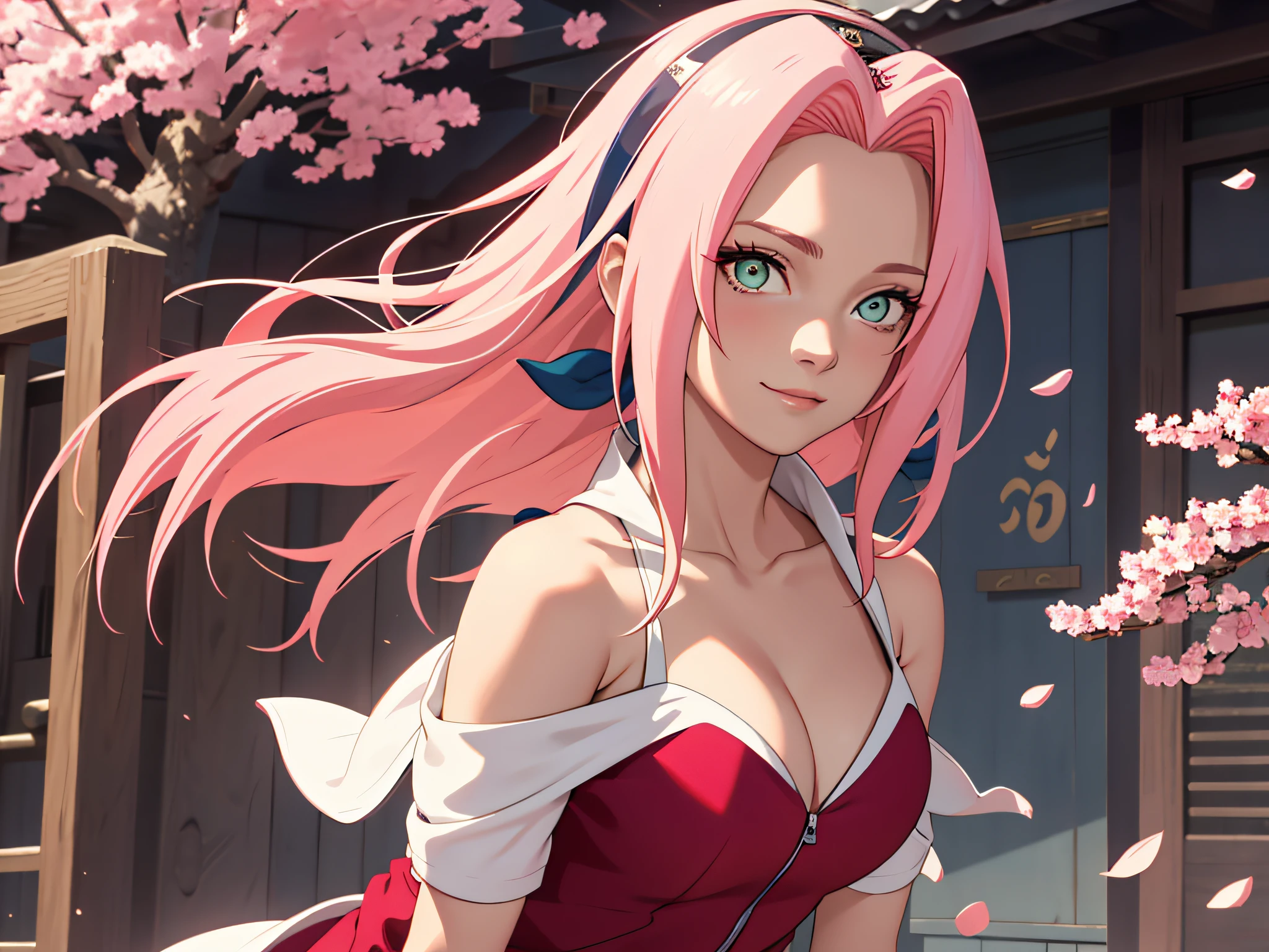 tmasterpiece， Best quality at best， 1 cinta， sakura haruno， seios grandes，Traje fora do ombro，（clivagem)，（closeup da parte superior do corpo)，Criado sexy，is shy，sorriso，com cabelo rosa， long, whitish hair， （Globos oculares verdes:1.4)， Forehead Protection， As cerejeiras，Flores de cerejeira voando，roupas vermelhas，Zipper half