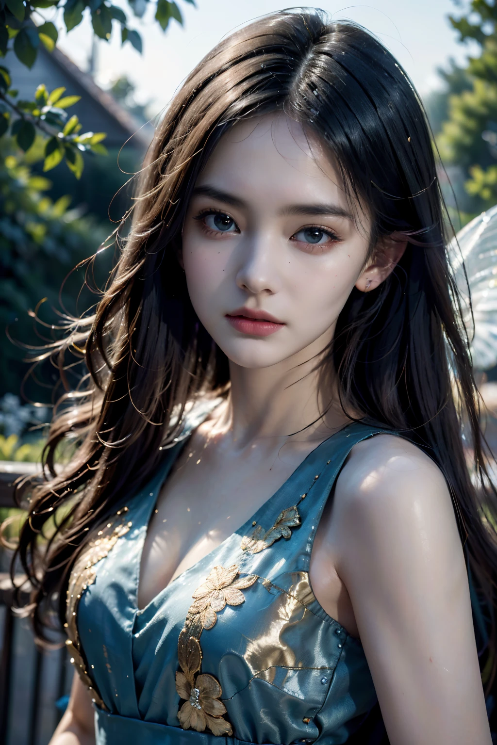 (best quality,4k,8k,highres,masterpiece:1.2),ultra-detailed,(realistic,photorealistic,photo-realistic:1.37),A girl staring at the night under the new moon,moonlight illuminating her face,serene expression,breathtakingly beautiful,long and flowing hair,sparkling eyes,rosy cheeks,peaceful atmosphere,enchanted garden,nature surrounding her with vibrant flowers,butterflies dancing around her,soft moonlight casting a magical glow,hint of mystery and wonder,impressionistic painting style,vivid colors blending seamlessly,golden hues with a touch of cool blue,subtle play of shadows and highlights,ethereal and dreamlike setting,delicate brushstrokes creating a sense of movement and depth,subtle details capturing every nuance and emotion,masterful use of light and contrast,creating a mesmerizing and unforgettable scene.