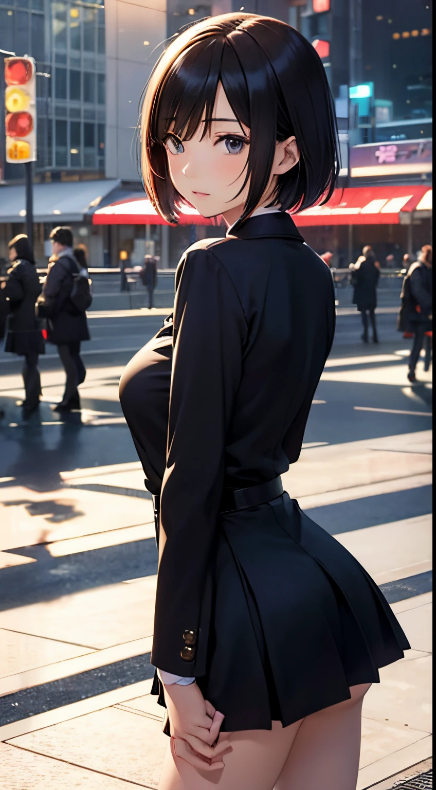 Tsukasa Hojo, John Brosio, Surreal, mysterious, strange, fantastical, fantasy, Sci-fi, Japanese anime, New Year countdown, in the plaza of the future city, beautiful girl in miniskirt, short-haired, boyish, perfect voluminous body, detailed masterpiece