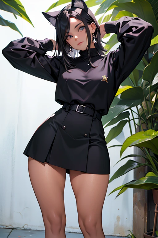 foto de corpo inteiro,cat ears on the head of a beautiful young woman wearing a short skirt, usando meias preta longas e sueterpreto apertado ,corpo inteiro na foto,floresta a noite varias luzes,belas coxas, coxas lindas belhos olhos escuros detalhados, sueter branco apertado,maio apertado , tight pantyhose, mini saia , ceu limpo a noite com estrelas numa floresta a noite,short curto linda jovem, olhos sedutores feminino.CABELO CURTO PRETO((CABELOS CURTO PRETO))