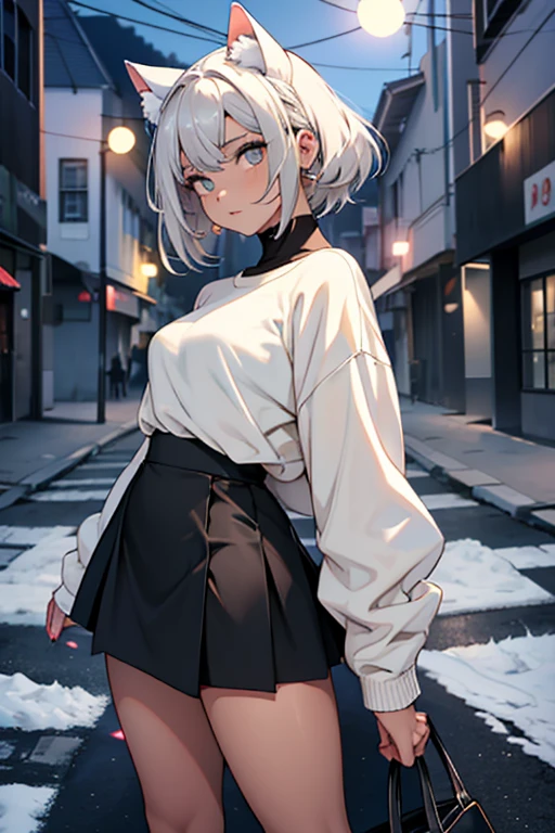 masterpiece, highest quality, short hair, silver hair, wavy hair, dull bangs, yellow eyes, big breasts, shirt, mini skirt, Depth of bounds written, Bokeh, Wind,
