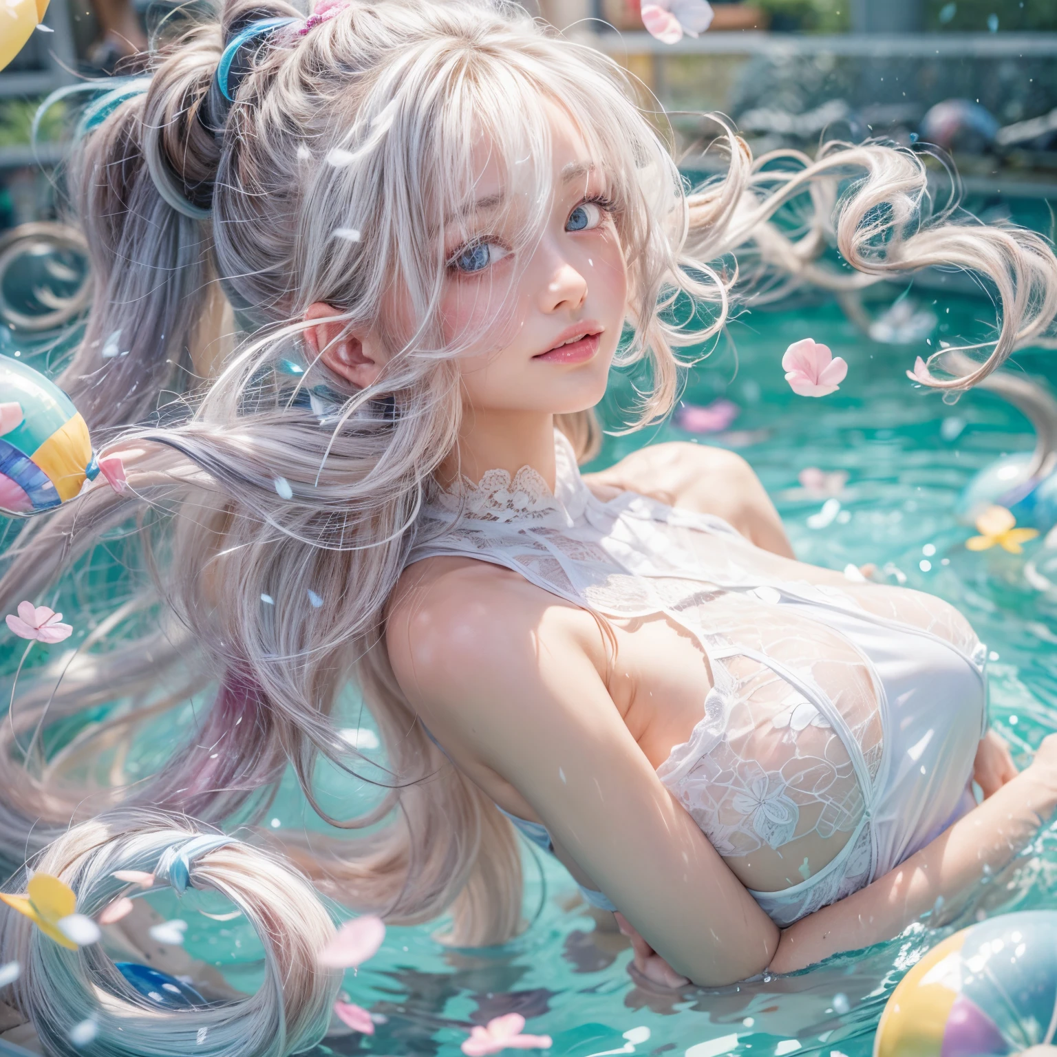 (masterpiece:1.28, Acutance, RAW, Realistic, 真实感: 1.37), realisticlying, softlighting. ( Tiny Girls jumping into the pool:1.2 )、{ Falling | splash water | shout | Luminous water surface | White and Vivid colors }, (under the mesmerizing back lighting), glistening ivory skin, sparkling highlights, Detailed KAWAII face with cute lips, long eyelashes, Delicate lace knitted clothes, Detailed open crotch, Whole Body proportions and all limbs are anatomically accurate . (correct limbs)