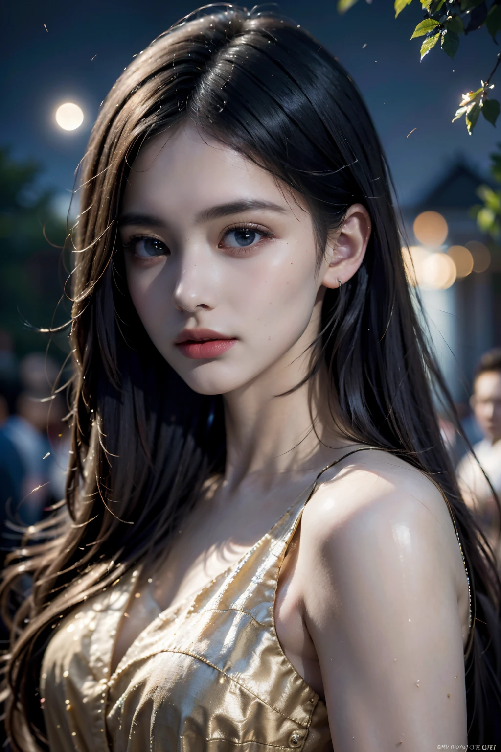 (best quality,4k,8k,highres,masterpiece:1.2),ultra-detailed,(realistic,photorealistic,photo-realistic:1.37),A girl staring at the night under the new moon,moonlight illuminating her face,serene expression,breathtakingly beautiful,long and flowing hair,sparkling eyes,rosy cheeks,peaceful atmosphere,enchanted garden,nature surrounding her with vibrant flowers,erflies dancing around her,soft moonlight casting a magical glow,hint of mystery and wonder,impressionistic painting style,vivid colors blending seamlessly,golden hues with a touch of cool blue,subtle play of shadows and highlights,ethereal and dreamlike setting,delicate brushstrokes creating a sense of movement and depth,subtle details capturing every nuance and emotion,masterful use of light and contrast,creating a mesmerizing and unforgettable scene.