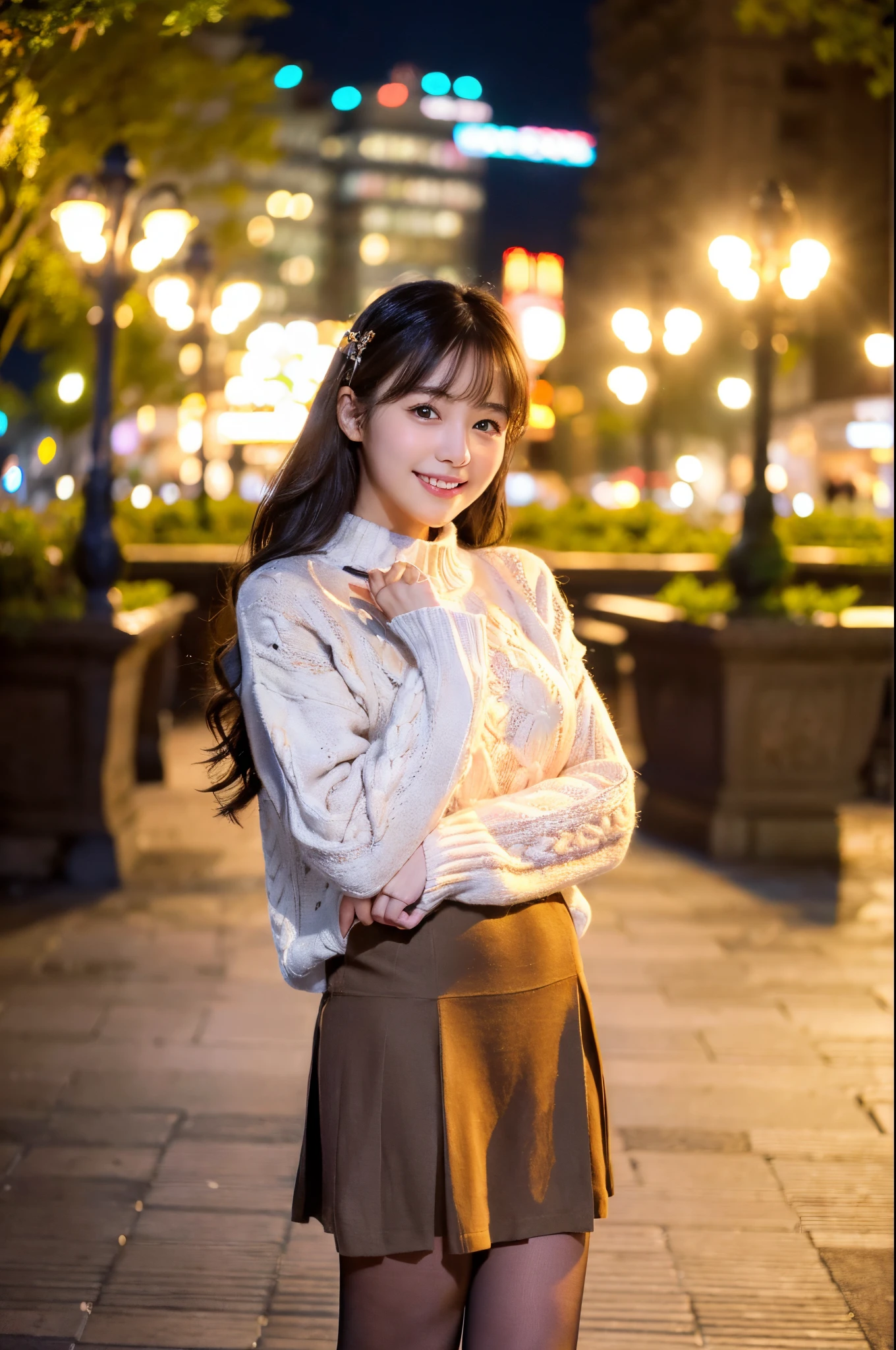 ulzzang -6500-v1.1, (Raw photo:1.2), (Photorealsitic), a beautiful detailed girl, (Real: 1.4),  ((Illumination plaza at night:1.3)), (( midwinter sweater:1.3, Ultra-realistic pantyhose:1.2))、selfee、Instagram、game_nffsw, huge filesize, hight resolution, ighly detailed, top-quality, [​masterpiece:1.6], illustratio, ighly detailed, nffsw, finely detail, top-quality, 8k wallpaper, Cinematographic lighting, 1girl in, 17 age, perfect body type, cute droopy eyes beautiful big eyes、Pieckfinger, ((masutepiece)), Best Quality, 1girl in, eye shadow,  Portrait, ((FULL BODYSHOT:1.4))、(Very affectionate smile:1.2)、realistic skin textures、shinny skin、Exposed thighs!!!