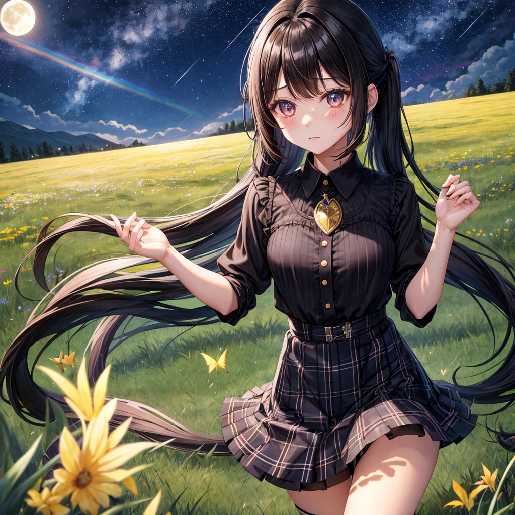 Black brown hair、poneyTail、verd s eyes、one good looking girl、独奏、animesque、lightly dressed、Plaid miniskirt、a black T-shirt、grass field、fullmoon、Meteor swarm、Glittering starry sky、rainbow butterfly flying