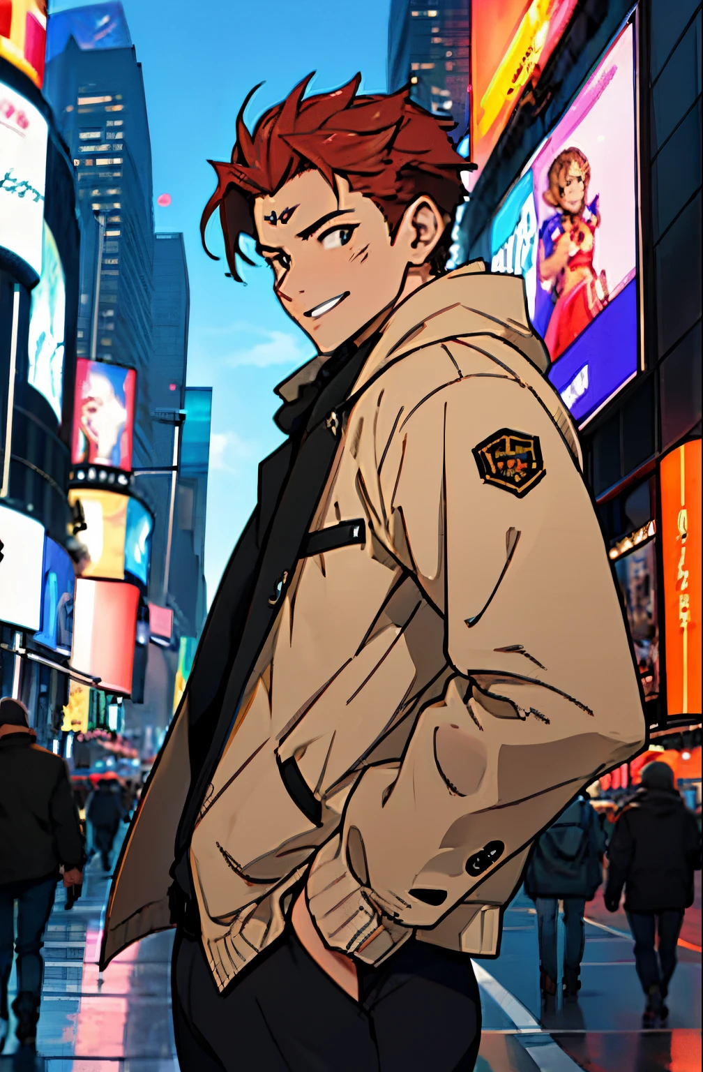 A mais alta qualidade, 8K, image high resolution, Detailed strokes, no meio de uma avenida movimentada estilo Times Square nevando, inverno, apoiado em um dos postes, adolecente, lion men, wearing a cold jacket, sorrindo, masculo, chest a little tight in the jacket, (self) , pernas definidas, defined arms, abdomen definido, com a camisa,
