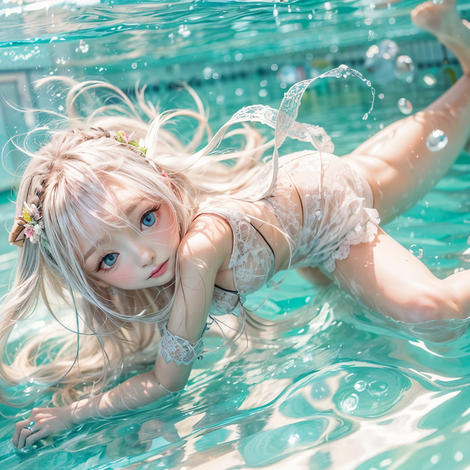 (masterpiece:1.28, Acutance, RAW, Realistic, 真实感: 1.37), realisticlying, softlighting. ( Tiny Girls jumping into the pool:1.2 )、{ Falling | splash water | shout | Luminous water surface | White and Vivid colors }, (under the mesmerizing back lighting), glistening ivory skin, sparkling highlights, Detailed KAWAII face with cute lips, long eyelashes, Delicate lace knitted clothes, Detailed open crotch, Whole Body proportions and all limbs are anatomically accurate . (correct limbs)