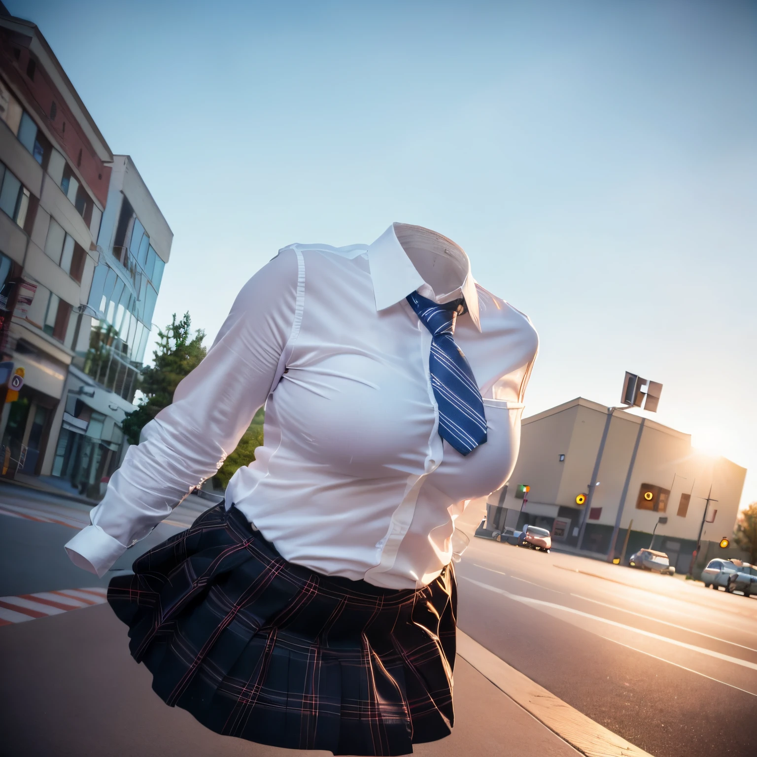 chubby, fat, white shirt, blue stripe tie, school tie, school uniform, plaid skirt, (from below), cute pose, (invisible, no humans, headless, faceless:1.5), cute big breasts, (8k, RAW photo, best quality, masterpiece:1.2), (realistic, photo-realistic:1.37), photon mapping, radiosity, ((Hasselblad photography)), physically-based rendering