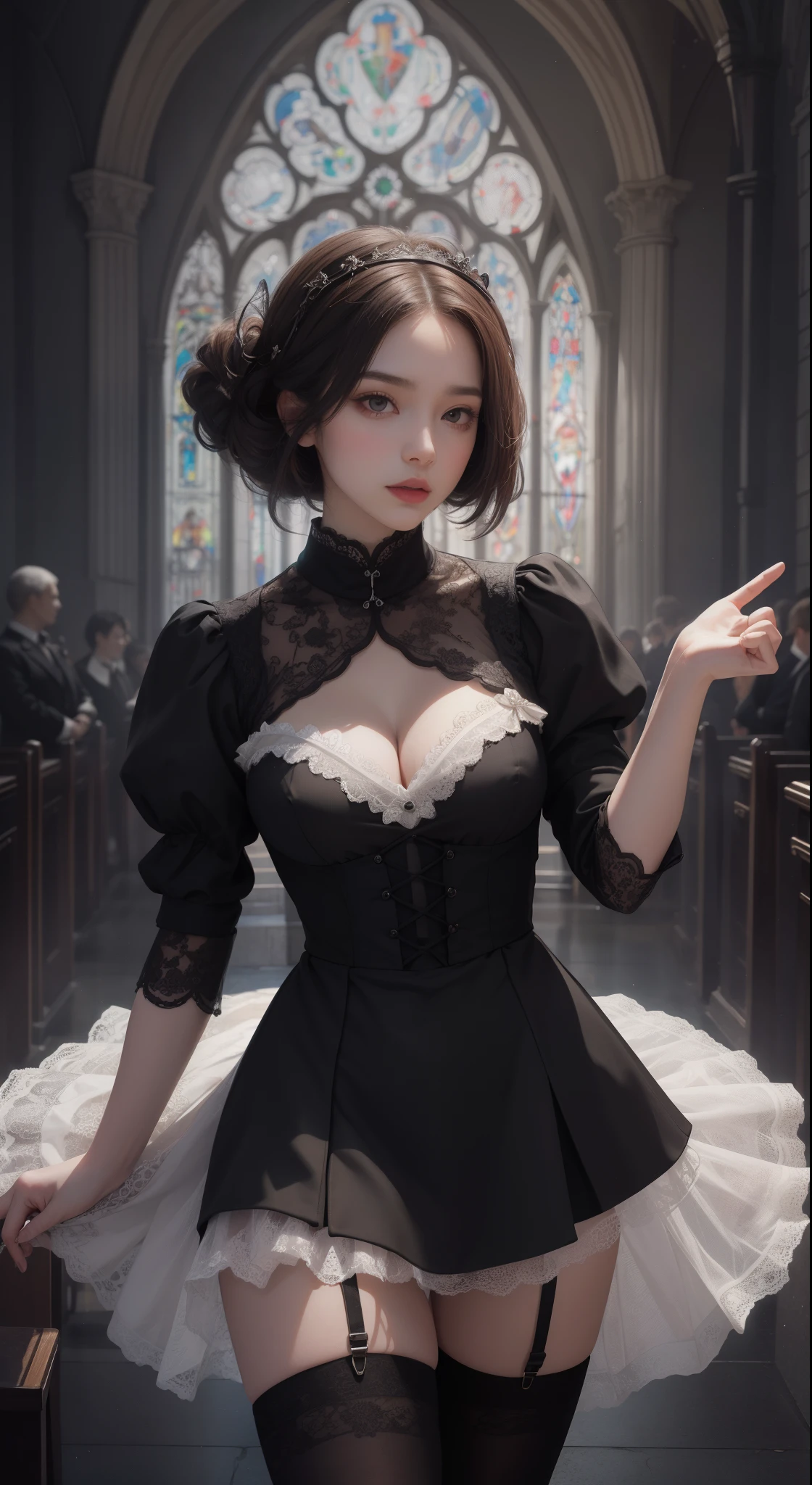 tmasterpiece,Highest image quality,Beautiful full body portrait of a girl,femele'Short hair details,hair pin,Comes with lace nun and black stockings,Church background,Ultra-detailed details,advanced。At the Pixiv Art Station,Break your own power,The kinky is exposed,R-18G