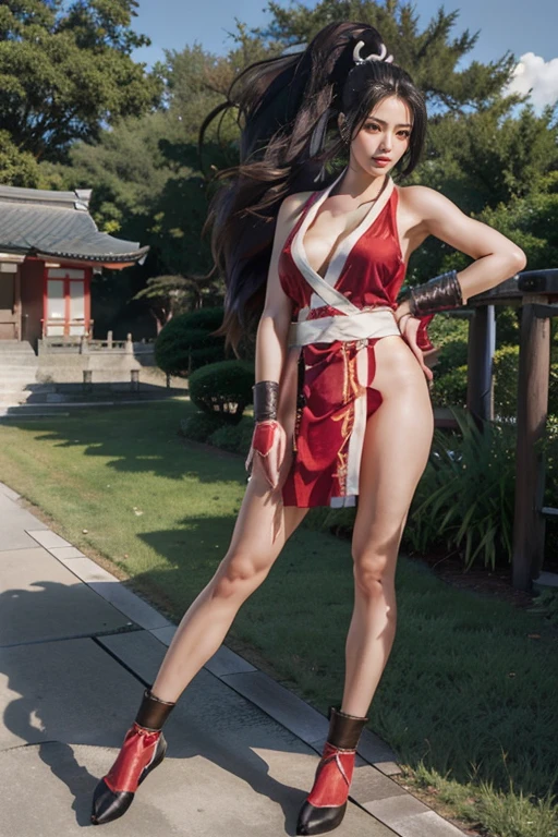 (mai shiranui:1.5), (tabi:2.0), (toe:1.2), (Full body portrait:2.0), Full body, (Realism), (masutepiece:2.0), (Best Quality), (ultra-detailliert), (8K, 4K, Convoluted), (Flat Lighting:1.2), (skinny), Prestige, Brown eyes, Long hair, brown eyes, long hair, brown hair, white ribbon, sleeveless, ponytail, sash, pelvic curtain, arm guards, gloves, tabi, fascinated expression,  eyes, slim, , Smile, Cute, view the viewer, Long hair, Close to Japan temple, ( focus:1.2), (Realistic:1.2), (Full Shot: 1.2), (85 mm), light Particle, Lighting, (Highly detailed:1.2), (Detailed face:1.2), (gradients), SFV, Colorful, (Detailed eyes:1.2), (Detailed temples of Japan: 1.2),(Detailed background), (Dynamic Angle:1.2), (Dynamic Pose:1.2), (Line of action:1.2), Wide Shot, Daylight, Solo.