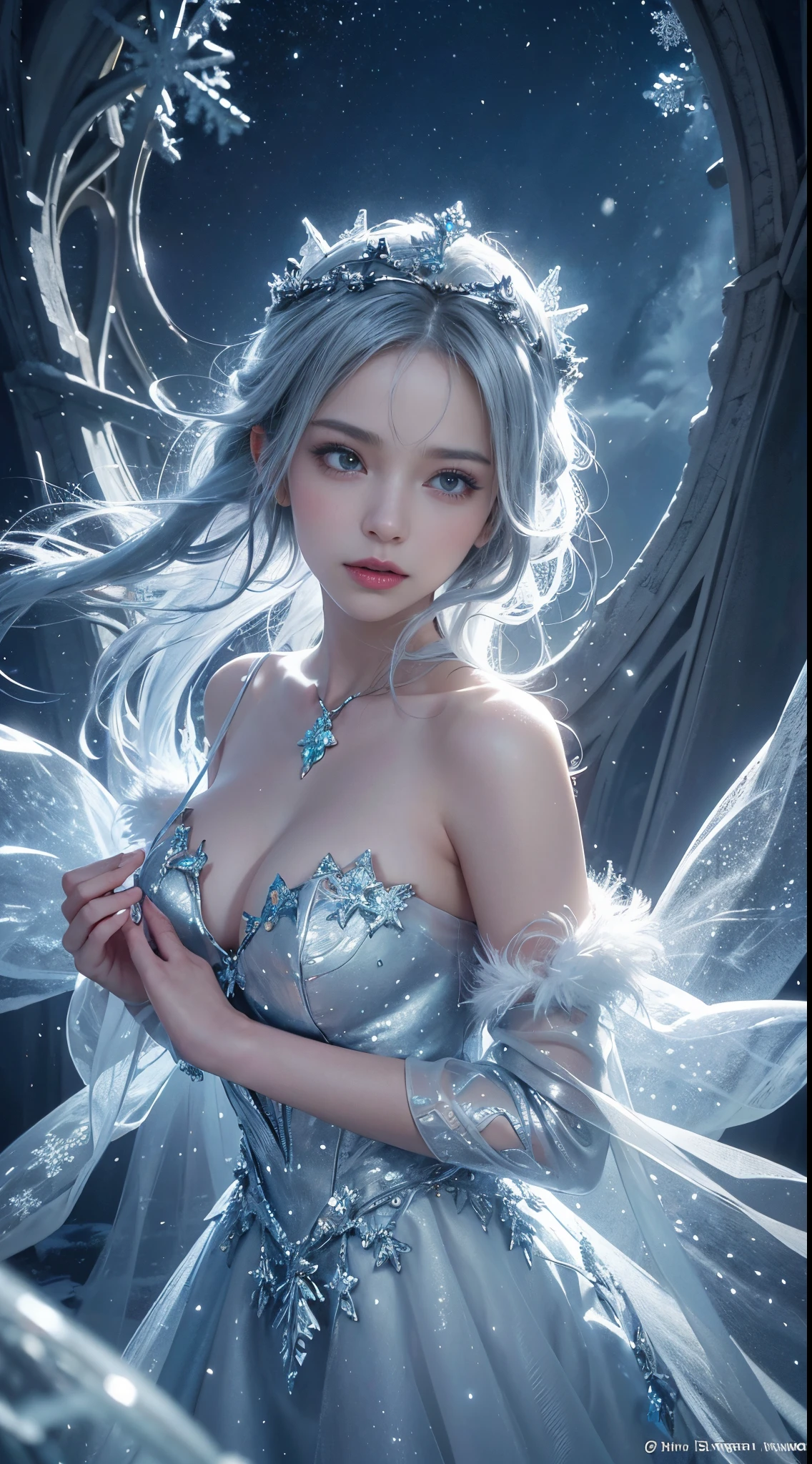 snowstyle, ethereal fantasy concept art of {(Glistening snow fairies adorned with icicle crowns twirled through the air, transforming frosty breath into enchanted snowflakes. A winter ballet unfolded as they crafted a crystalline palace for a grand Christmas ball.:1.4), centered, symmetrical, in the style of disney, Detailed digital art by greg rutkowski and Thomas kinkade, Trending on Artstation, CGSociety, deviantart, 8k, HD, detailed, high resolution, cinematic, unreal engine 5, 4k UHD image, octane render, epic angle and pose, 3d, depth of field, captivating patterns, creative experimentation, luminous magic trails, global illumination, cinematic light, epic shot, festive hues with diffused lighting, award-winning, professional, masterpiece, full sharp, UHD, HDR, 8k} . magnificent, celestial, ethereal, painterly, epic, majestic, magical, fantasy art, cover art, dreamy,