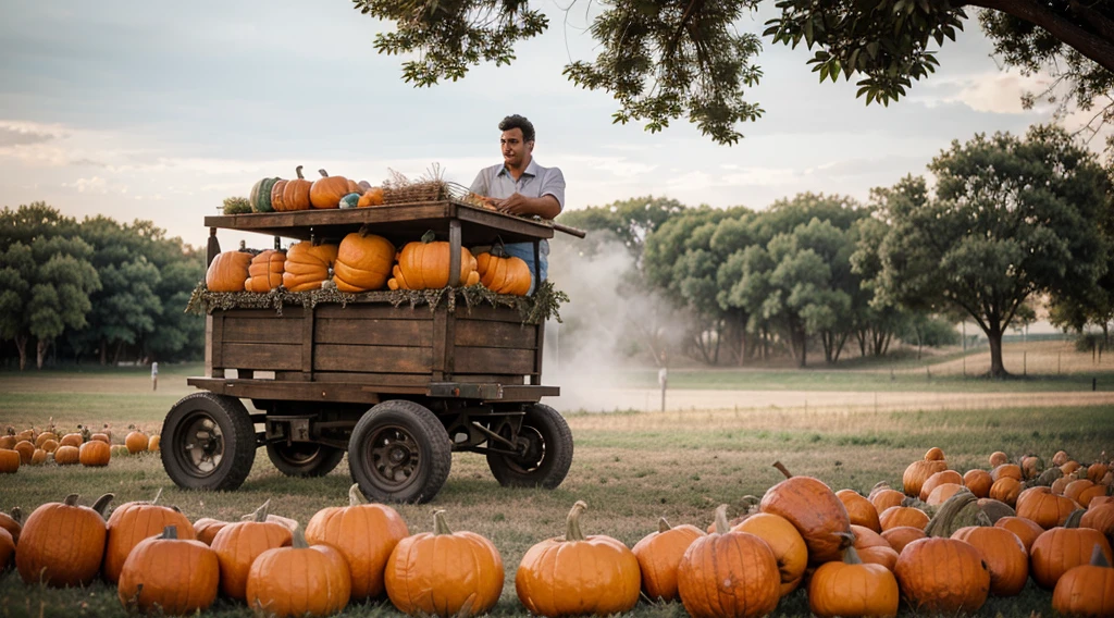 Crie fotos para mim com base nisso "coachman who drove a cart full of pumpkins. A cada solavanco do carrinho, he looked back and saw that the pumpkins were all messed up. Then he stopped, saiu e colocou-os de volta no lugar. Ele mal reiniciou sua jornada, viria outro solavanco e... everything would be messed up again."