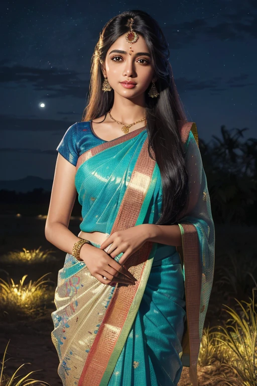 (best quality, highres, masterpiece:1.2), ultra-detailed (realistic, photorealistic, photo-realistic:1.37), night scenario, Tamil girl wearing saree, long straight hair, rural area starry sky moon in the background, detailed shadow, detailed facial features, moon light