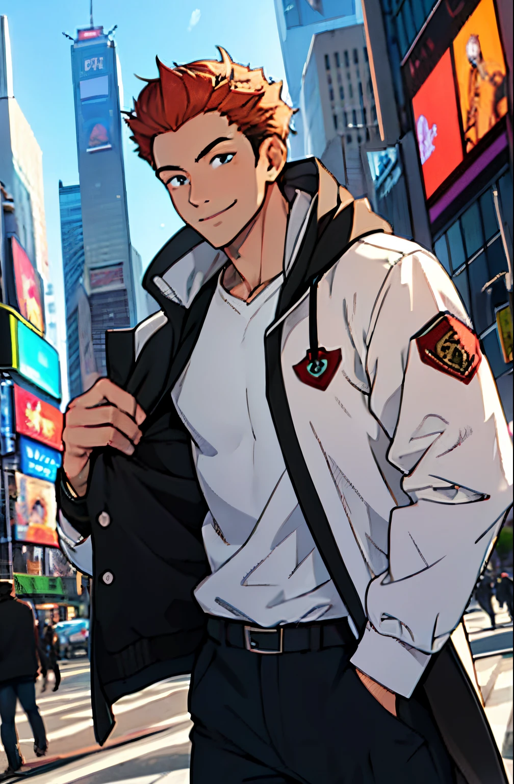 A mais alta qualidade, 8K, image high resolution, Detailed strokes, no meio de uma avenida movimentada estilo Times Square nevando, inverno, apoiado em um dos postes, adolecente, lion men, wearing a cold jacket, sorrindo, masculo, chest a little tight in the jacket, (foto de perto) , pernas definidas, defined arms, abdomen definido, com a camisa,