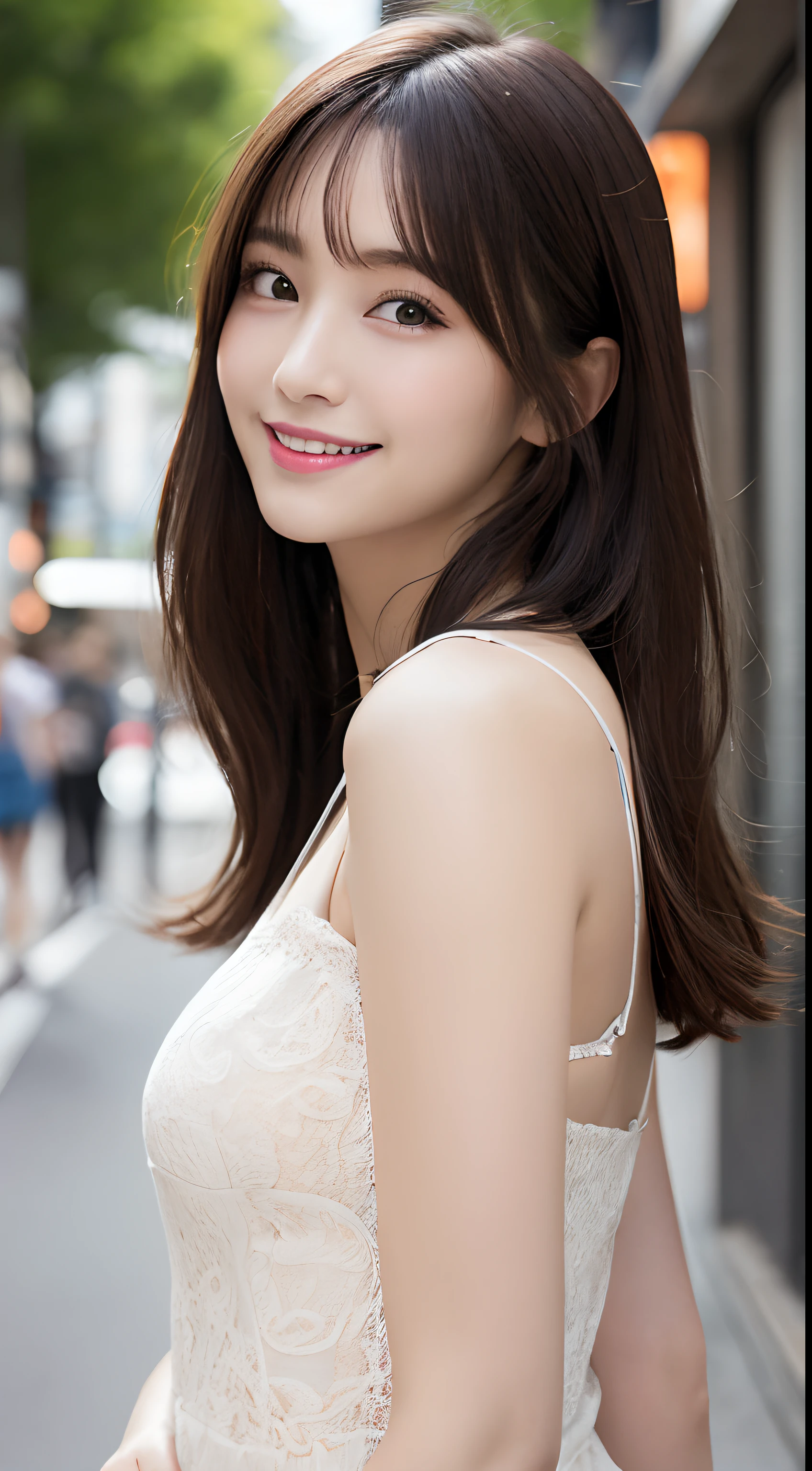 masutepiece, Best Quality, Illustration, Ultra-detailed, finely detail, hight resolution, 8K Wallpaper, Perfect dynamic composition, Beautiful detailed eyes, Women's Fashion Summer,Medium Hair,small tits,Natural Color Lip, Bold sexy poses,Smile,Harajuku、20 years girl、Cute、Sexy shot looking at camera