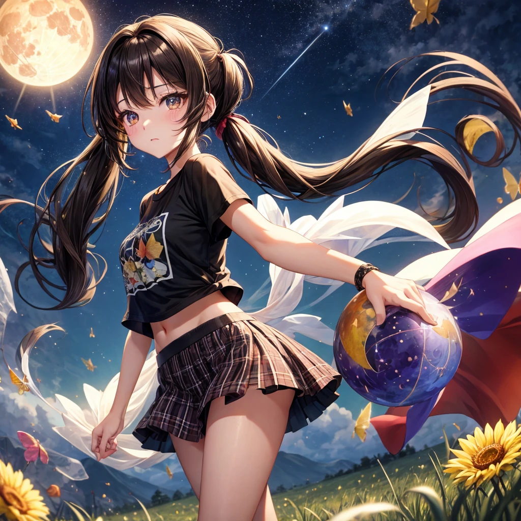 Black brown hair、poneyTail、verd s eyes、one good looking girl、独奏、animesque、lightly dressed、Plaid miniskirt、a black T-shirt、grass field、fullmoon、Meteor swarm、Glittering starry sky、rainbow butterfly flying