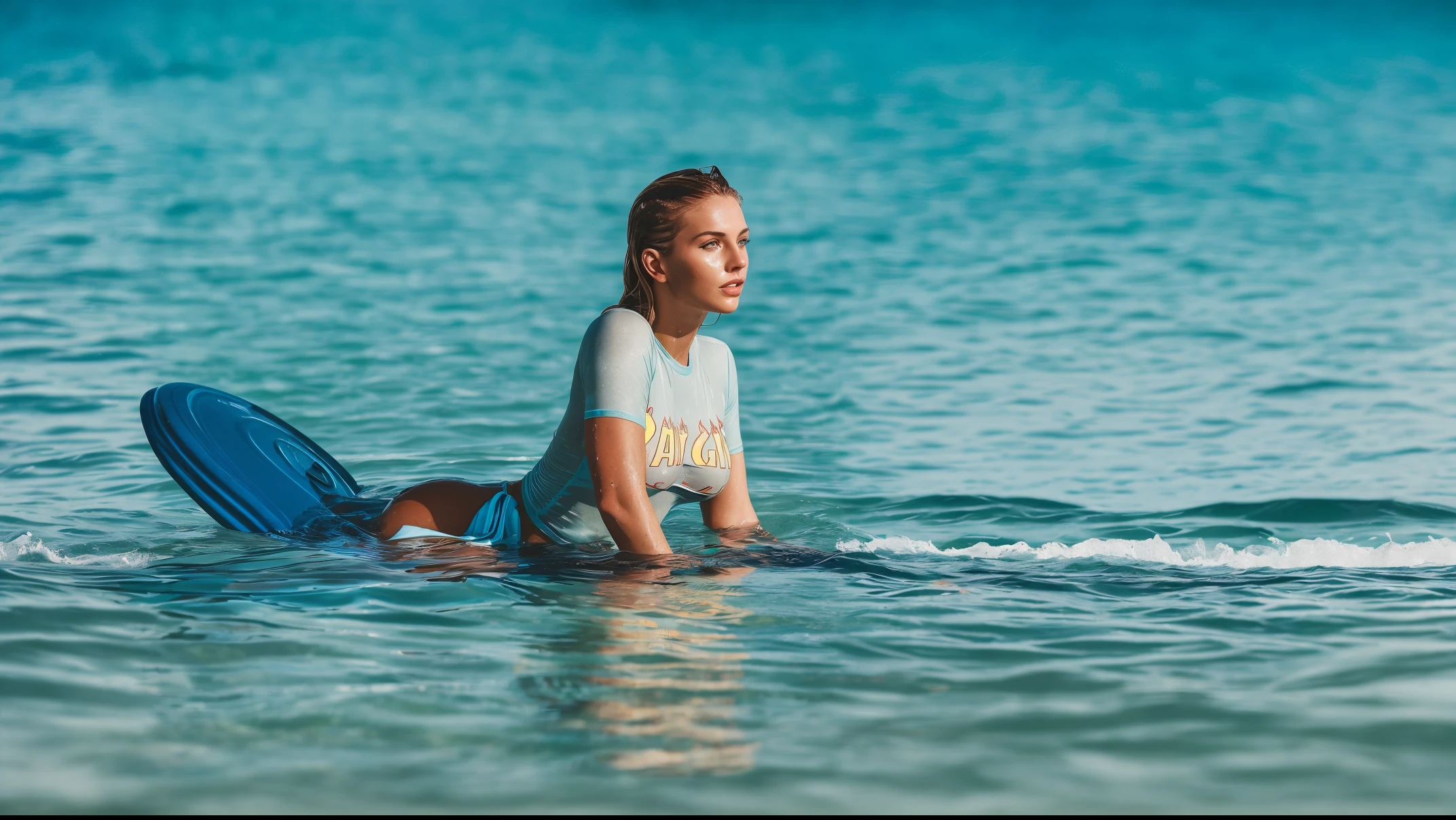Es gibt eine Frau, die auf einem Surfbrett im Wasser liegt, Surffotografie, auf Surfbrettern stehen, Surfen, im Wasser, im Wasser bis zu den Schultern, auf dem Meerwasser, im Ozean, Olga Buzova, Alana Fletcher, auf dem Ozean, im Meer, Sportliche Modefotografie, im Wasser! bis zu den Schultern