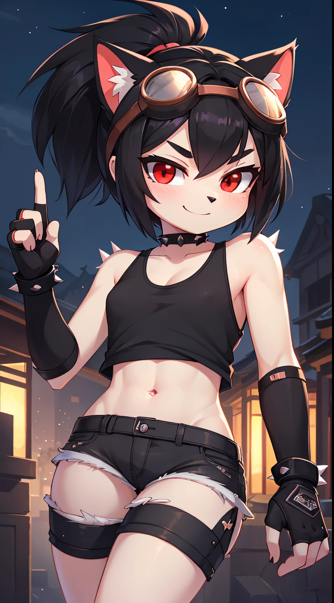 furry girl, cat, black hair, short spiky hairstyle, hair bang cover her eye, black eyeshadows, short spiky ponytail, anime style, small breasts, red eyes, Big eyebrows, japanese suburms, clear sky, high quality, detailed body, detailed eyes, detailed face, masterpiece, glistening body, detailed body fur, best quality, white body fur, skinny, sassy face, gothic, ((goggles, black short tank top, gray shorts, fingerless gloves)), spectacular effects,sassy face, :3, smilling, detailed hands, perfect lighting, perfect shadows, perfect eyes, perfect hair, perfect face, gorgeous body