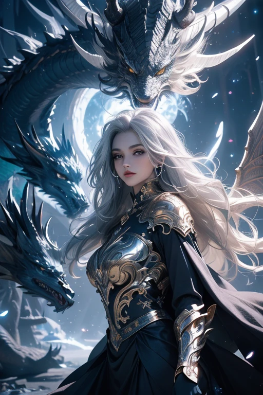 (no explanation) silver-haired dragon girl, detailed eyes, detailed lips, long eyelashes, shiny scales, majestic pose, flying in the sky, fire-breathing, fantasy world, mythical creature, vibrant colors, ethereal lighting, high-res masterpiece:1.2, magical atmosphere, mystical aura, breathtaking scenery, dragon wings, elegant and graceful, surreal landscape, intricate details, otherworldly beauty, enchanting presence, powerful and regal, silver and gold accents, mesmerizing gaze, flowing mane, mythical beast, legendary guardian, epic fantasy